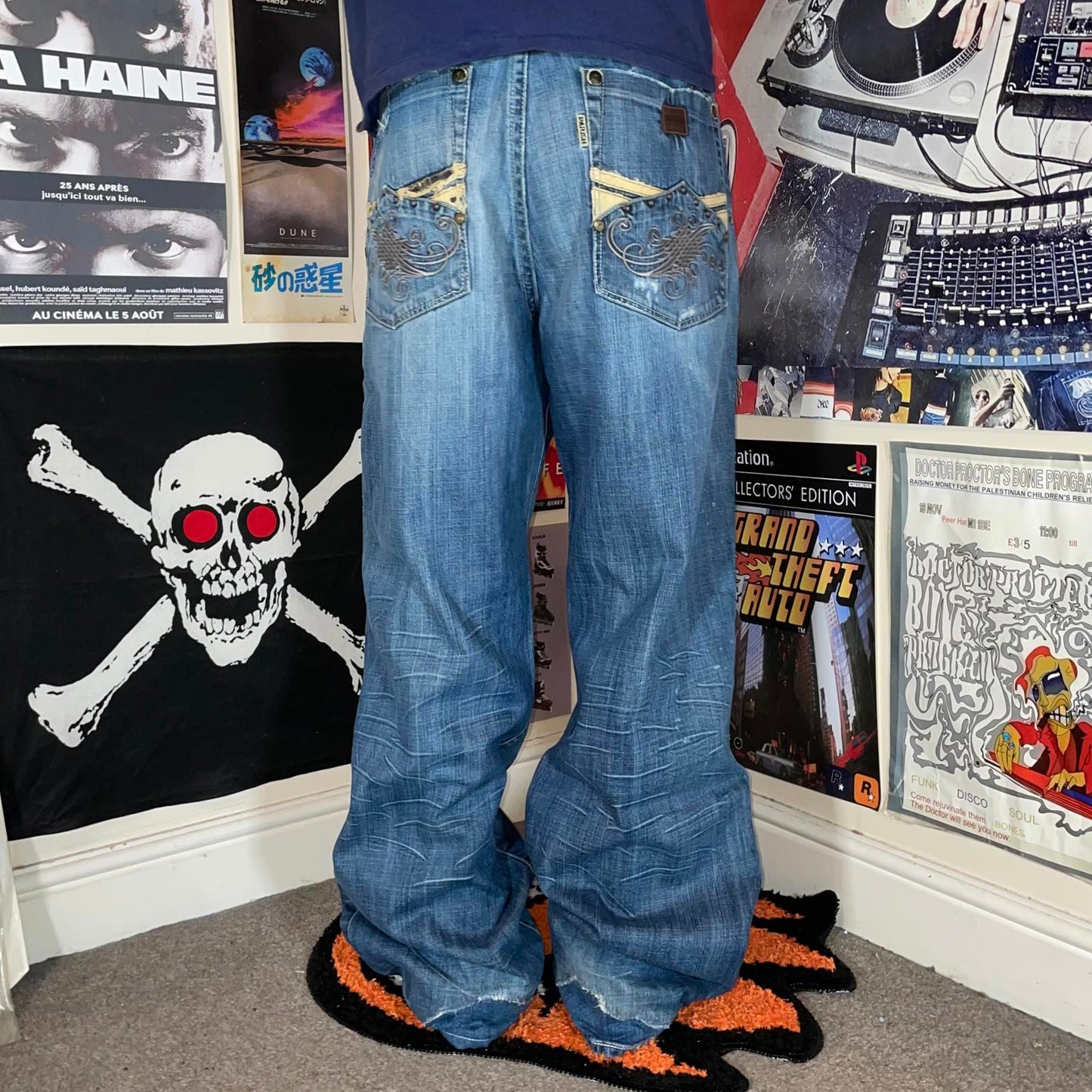 Parish 00s Embroidered Baggy Blue Jeans 40x33