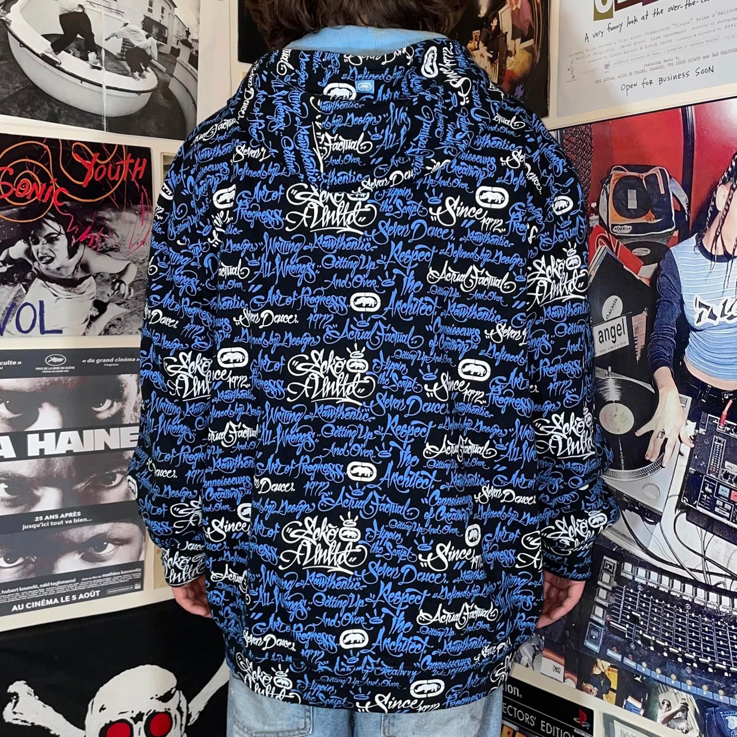 Ecko Unltd. 90s Handstyle Pattern Print Zip Black/Blue Hoodie XXL