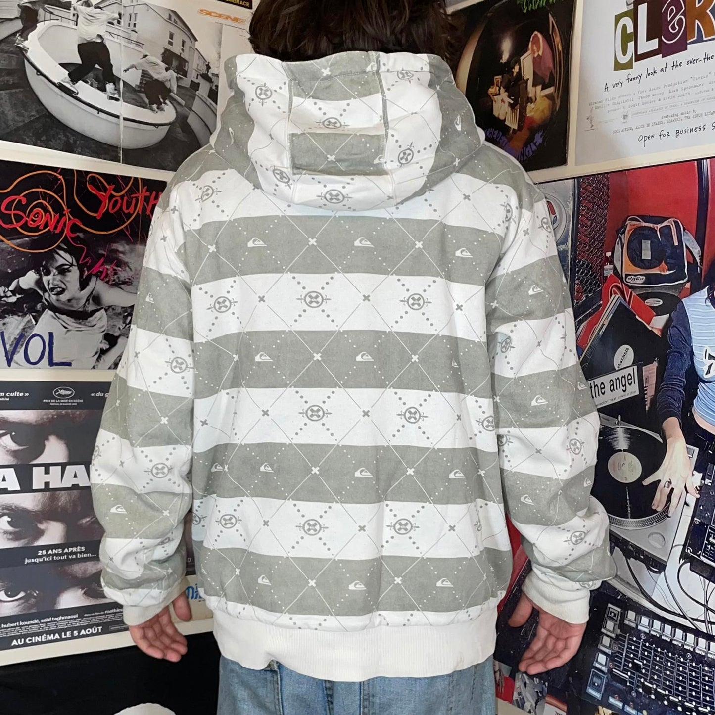 Quiksilver 00s Striped Pattern White Zip Hoodie L