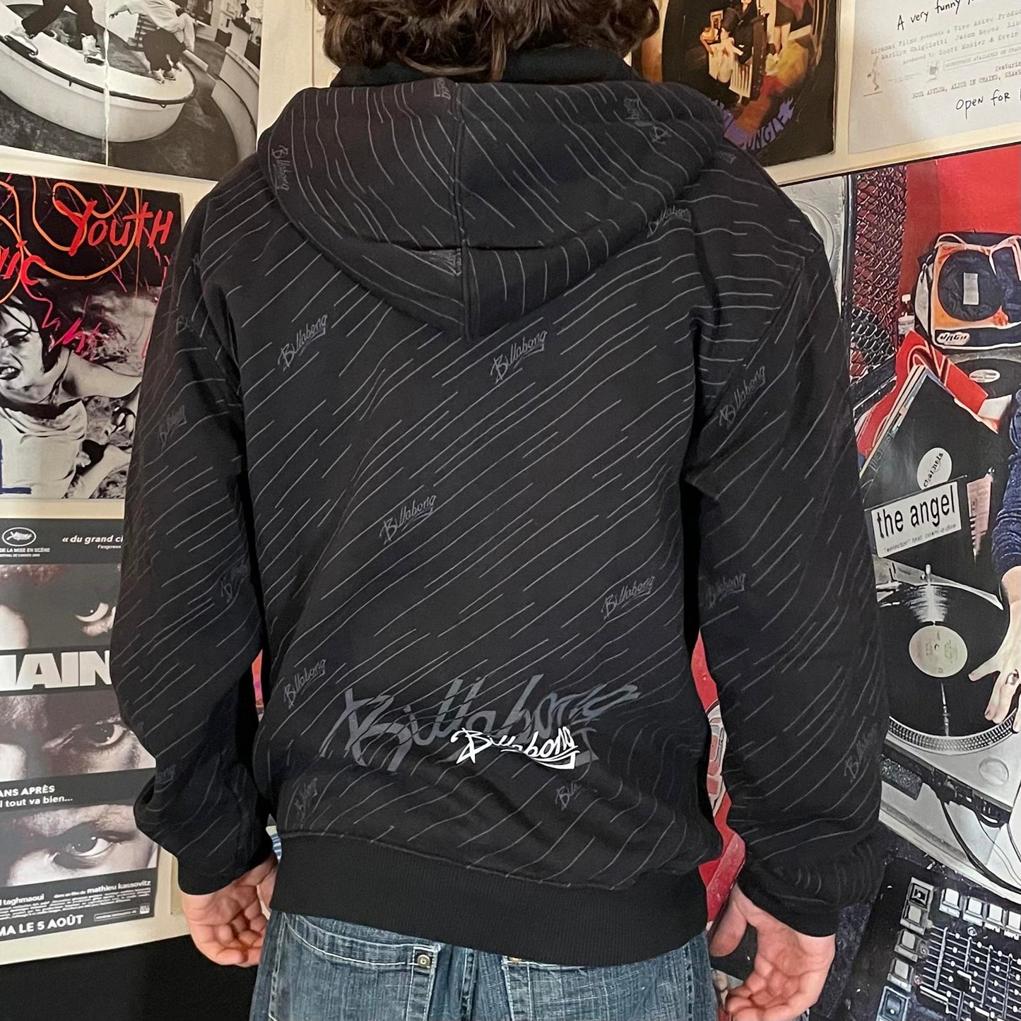 Billabong 00s Patterned Print Black Zip Hoodie XL