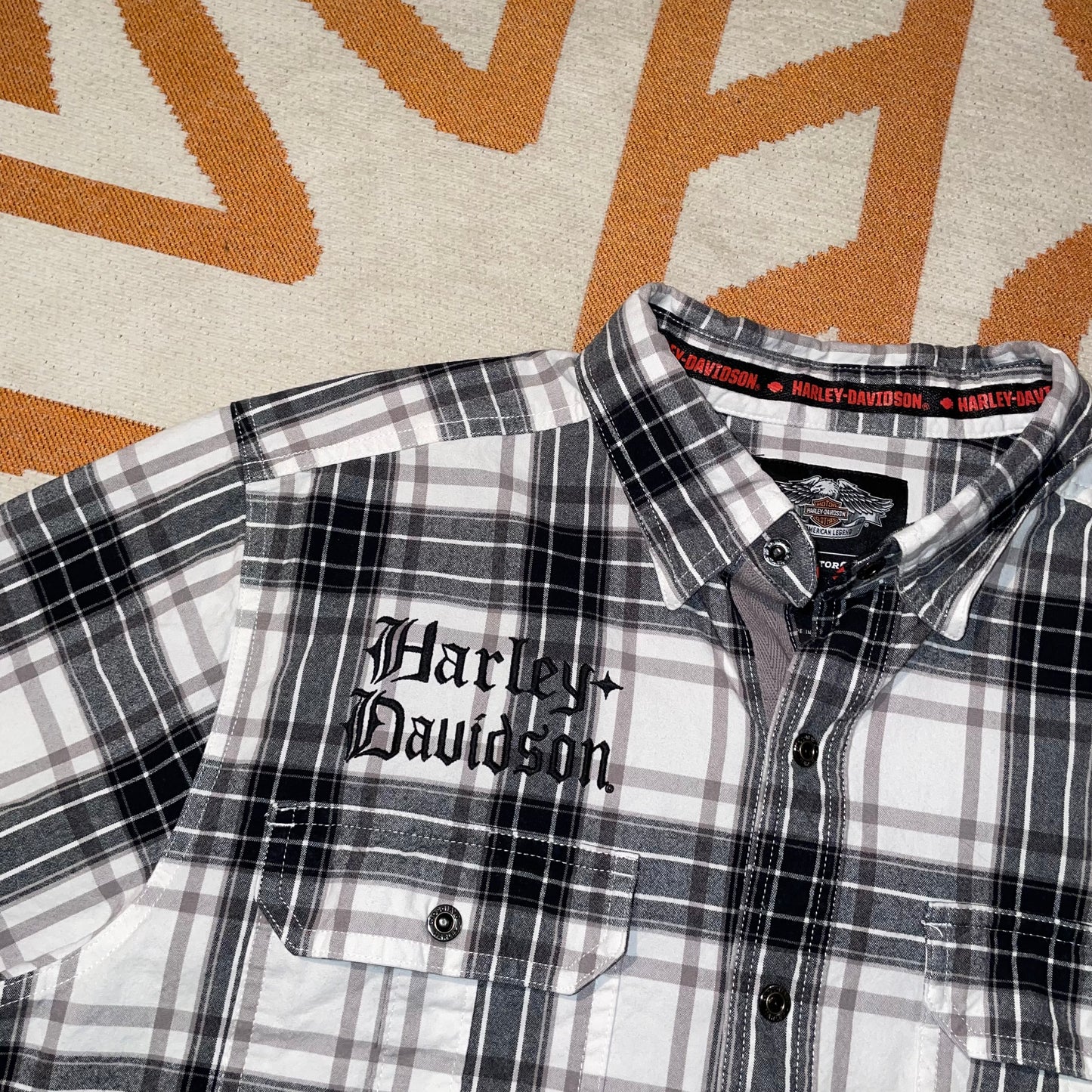 Harley Davidson 00s Check ‘Gothic’ Embroidered Shirt L
