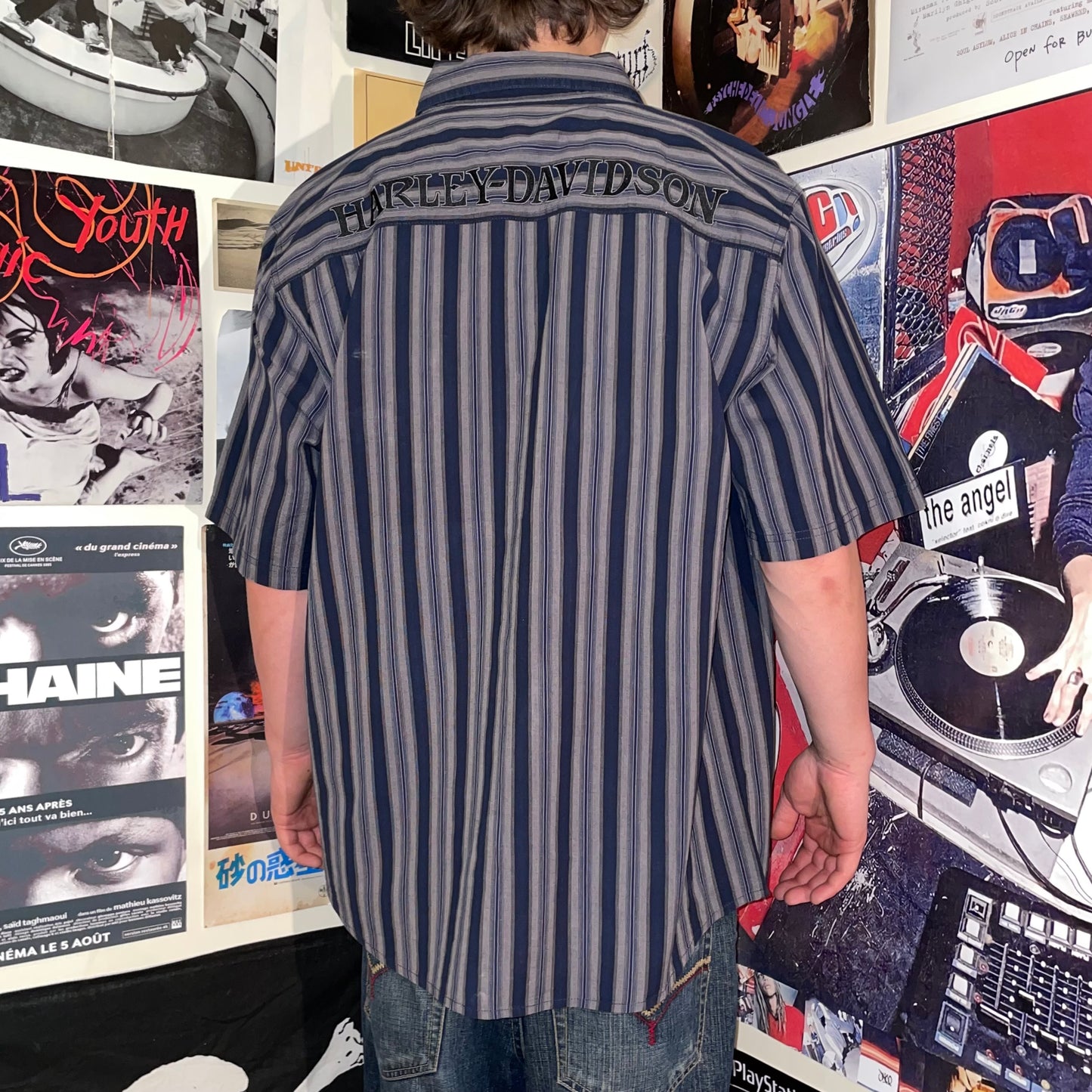 Harley Davidson 00s Striped Navy Shirt L