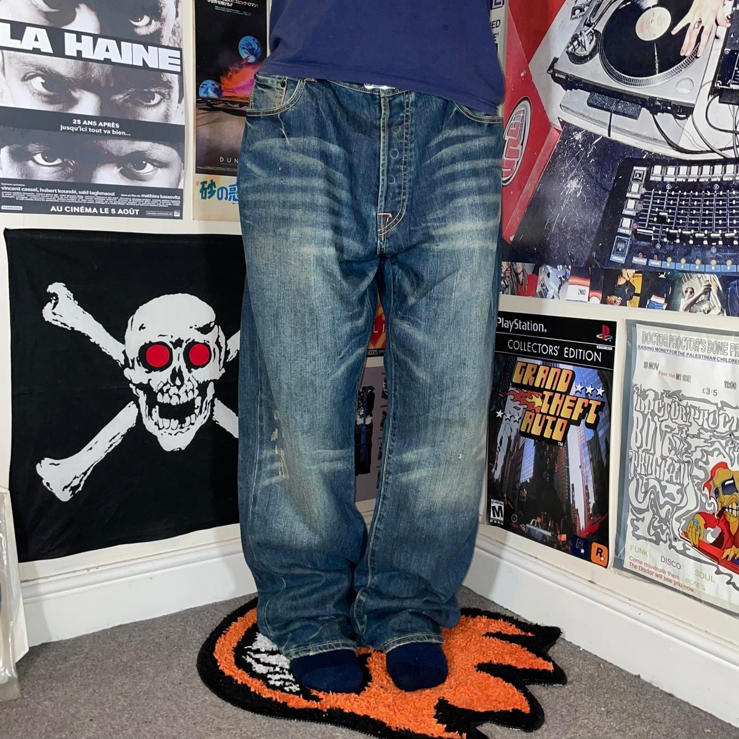 Ed Hardy 00s Embroidered Baggy Denim Blue Jeans 38x34