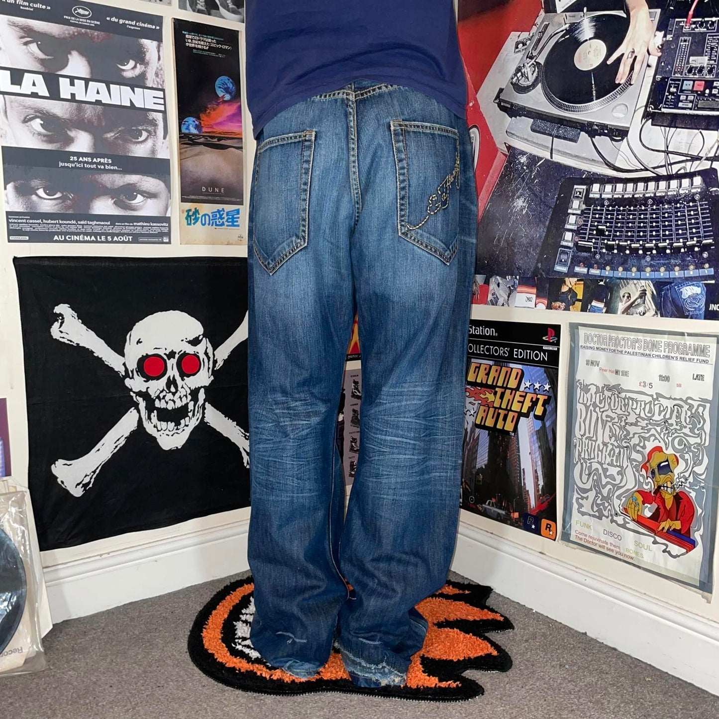 Ed Hardy 00s Embroidered Baggy Blue Denim Jeans 36x34