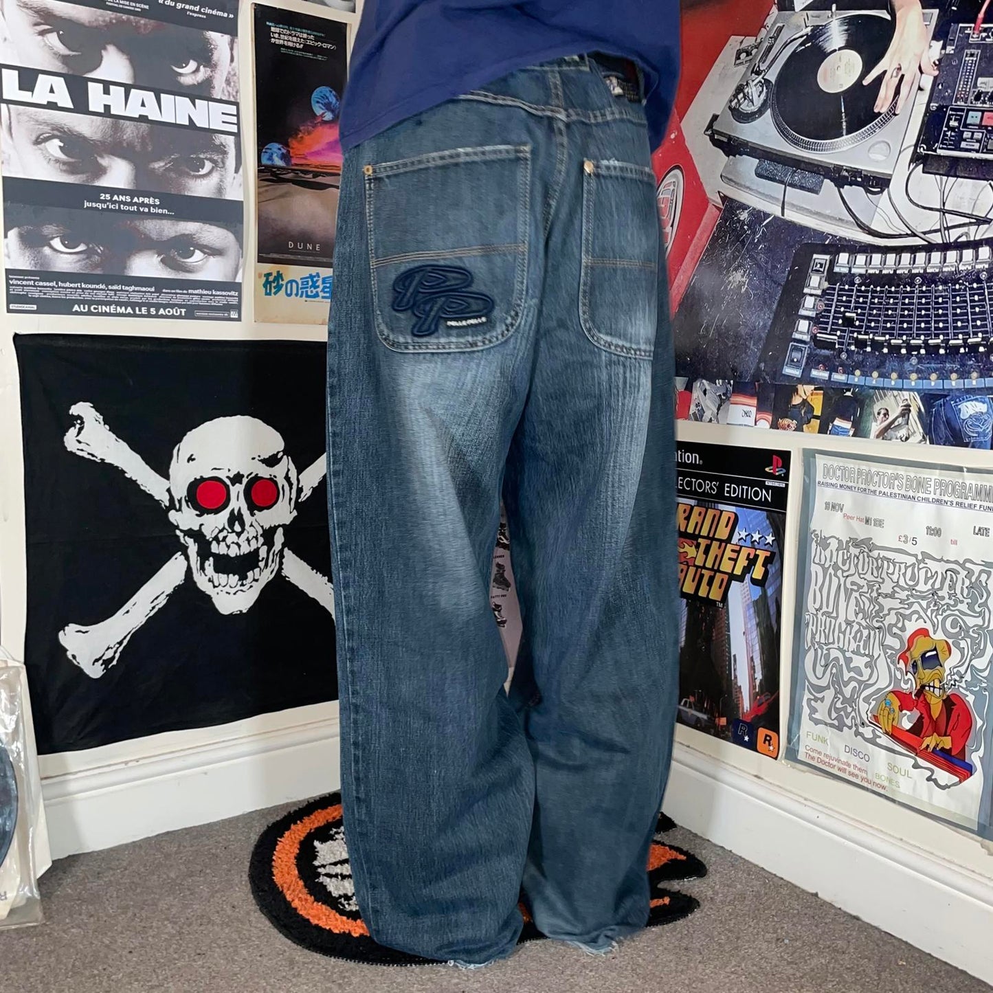 Pelle Pelle 00s Embroidered Dark Blue Baggy Denim Jeans 36x32