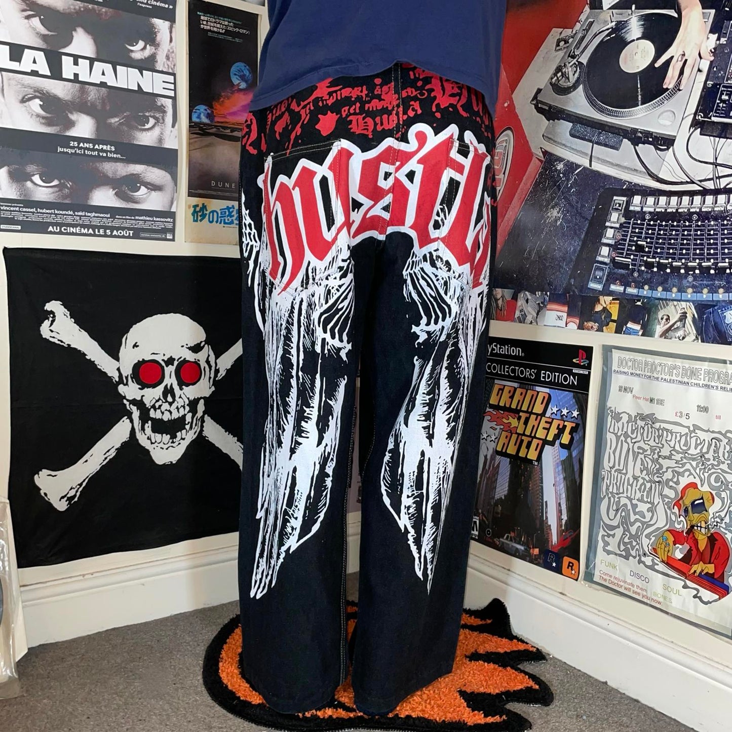 Townz 00s Printed Hustla Black Baggy Denim Jeans 38x30