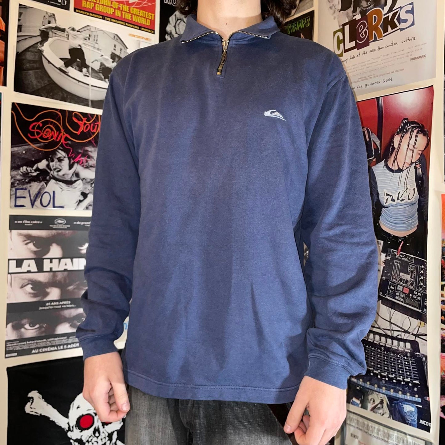 Quiksilver 90s Embroidered Blue Quarter-Zip Sweatshirt M