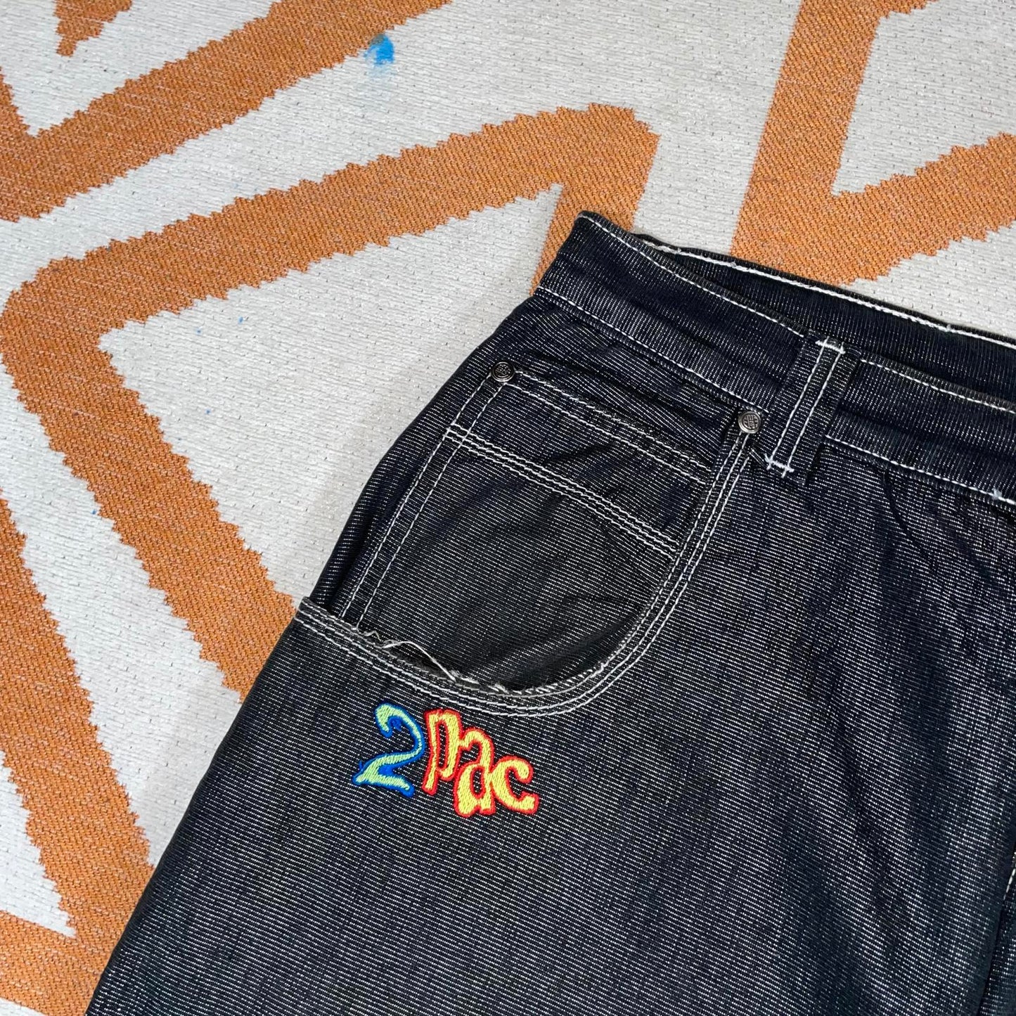 2Pac 90s Embroidered Baggy Black Denim Jeans 36x34