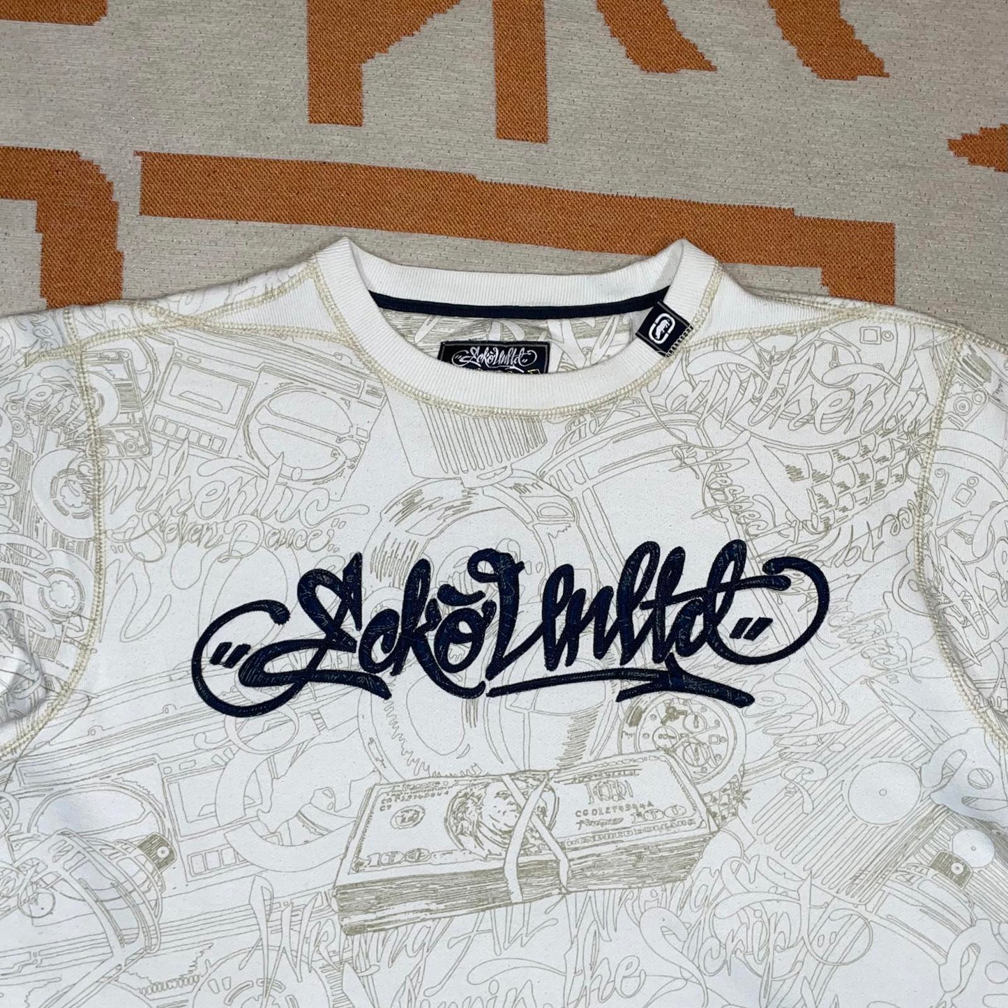 Ecko Unltd. 00s Hip Hop Embroidered Pattern White Sweatshirt XL