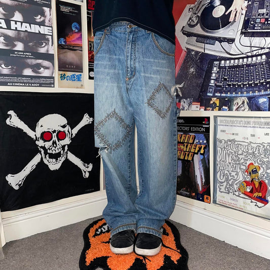 Damani Dada 00s Patch Embroidered Jeans 32x32