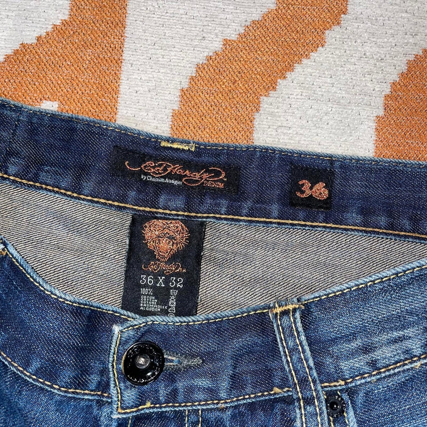 Ed Hardy 00s Embroidered Baggy Blue Denim Jeans 36x34