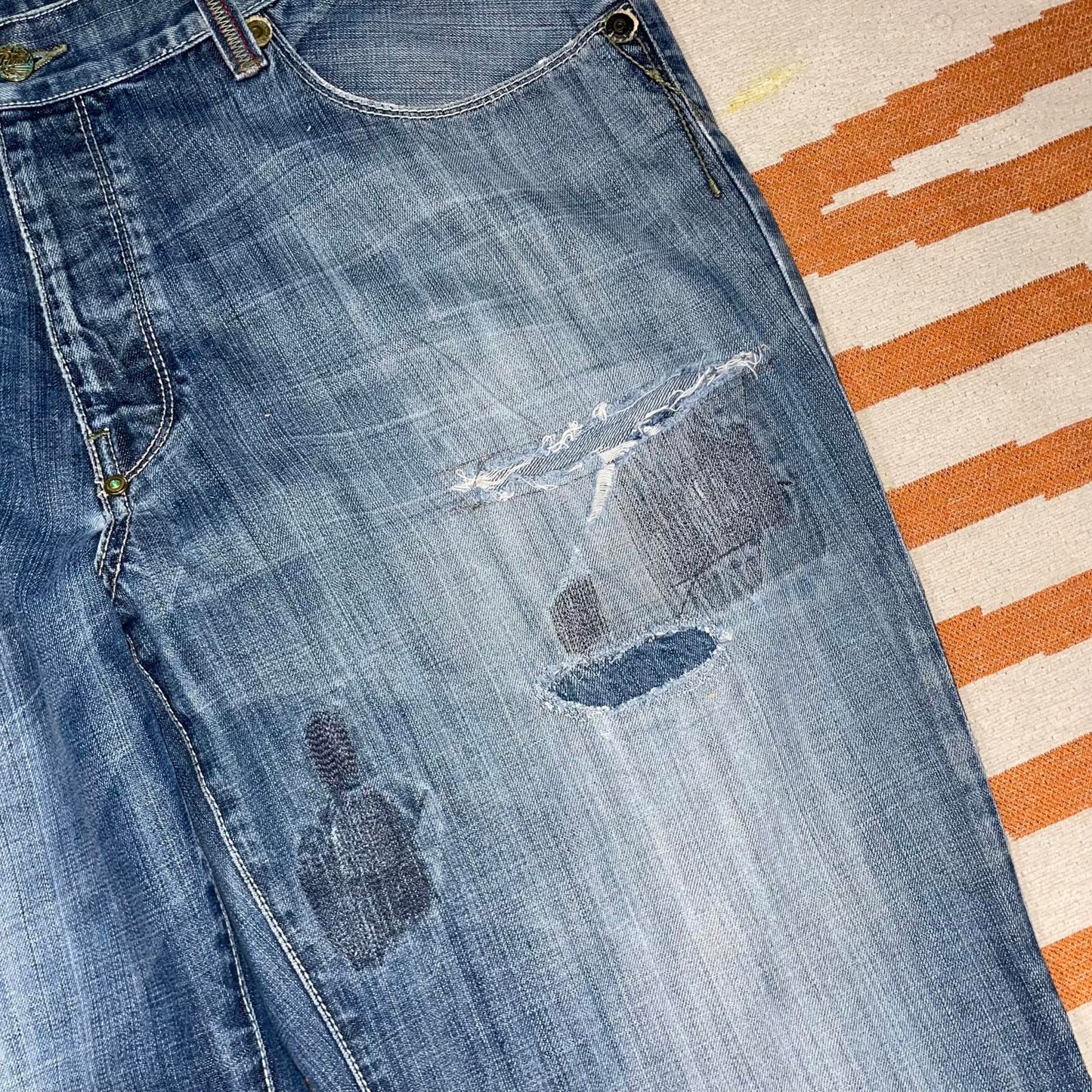 Parish 00s Embroidered Baggy Blue Jeans 40x33