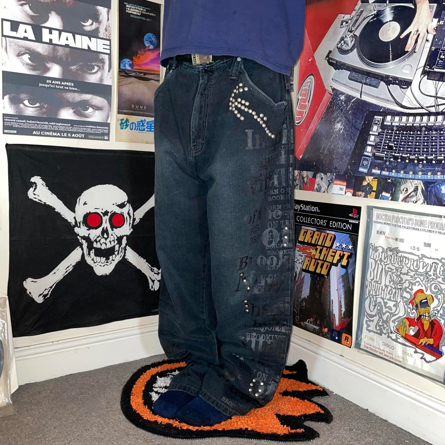 Karl Kani 90s NYC Printed/Studded Baggy Black Denim Jeans 34x34