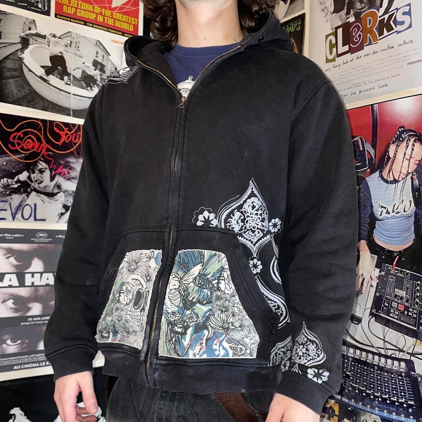 Billabong 90s Paisley Skulls Art Black Zip Hoodie L