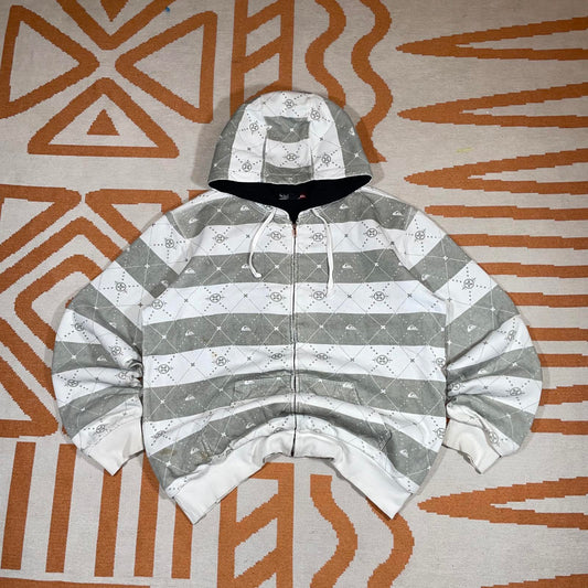 Quiksilver 00s Striped Pattern White Zip Hoodie L
