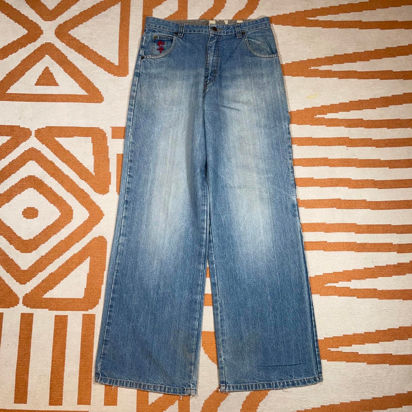 BHS 00s Printed Dragon Baggy Blue Jeans 30x32