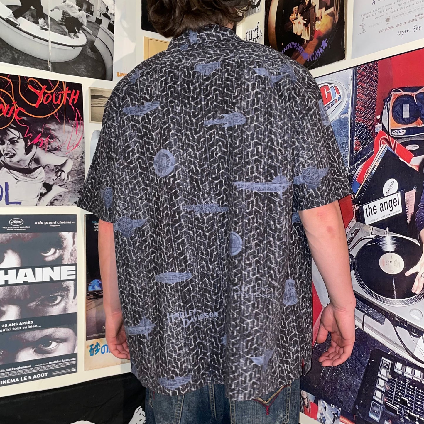 Harley Davidson 00s Pattern ‘Tire Tracks’ Shirt XL