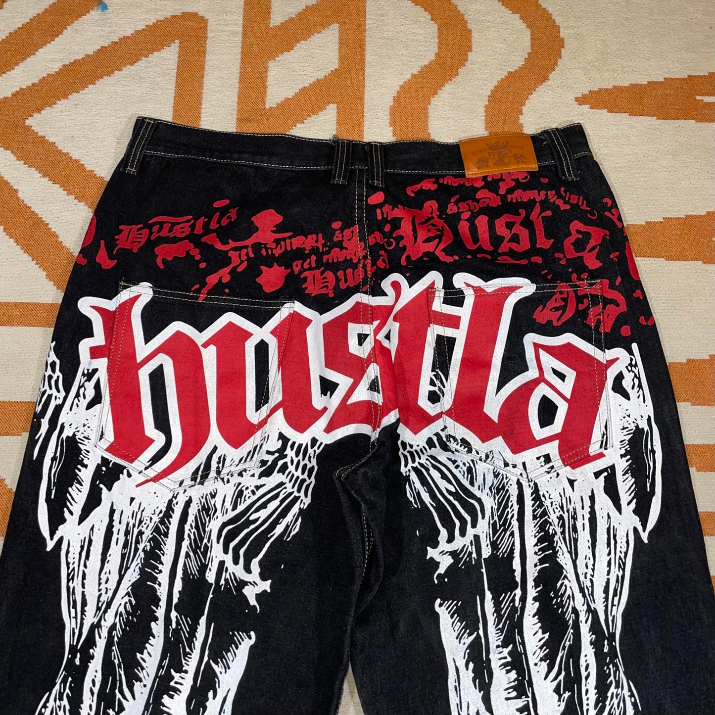 Townz 00s Printed Hustla Black Baggy Denim Jeans 38x30