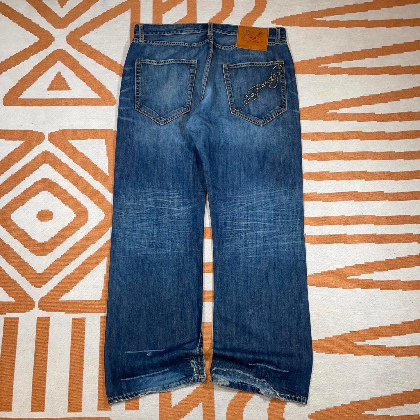 Ed Hardy 00s Embroidered Baggy Blue Denim Jeans 36x34