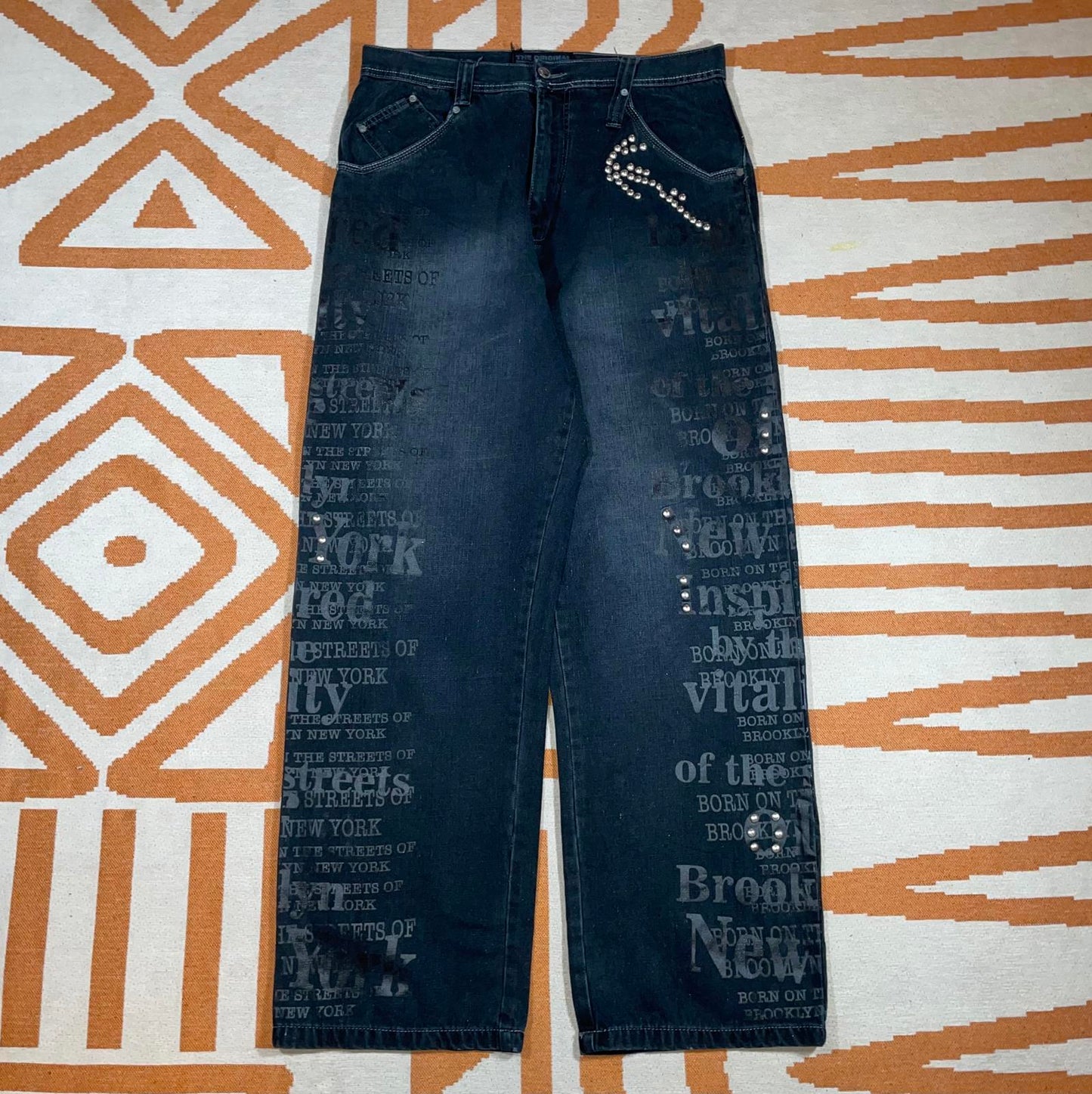 Karl Kani 90s NYC Printed/Studded Baggy Black Denim Jeans 34x34