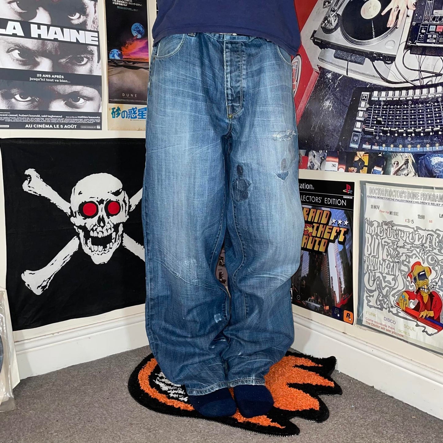 Parish 00s Embroidered Baggy Blue Jeans 40x33