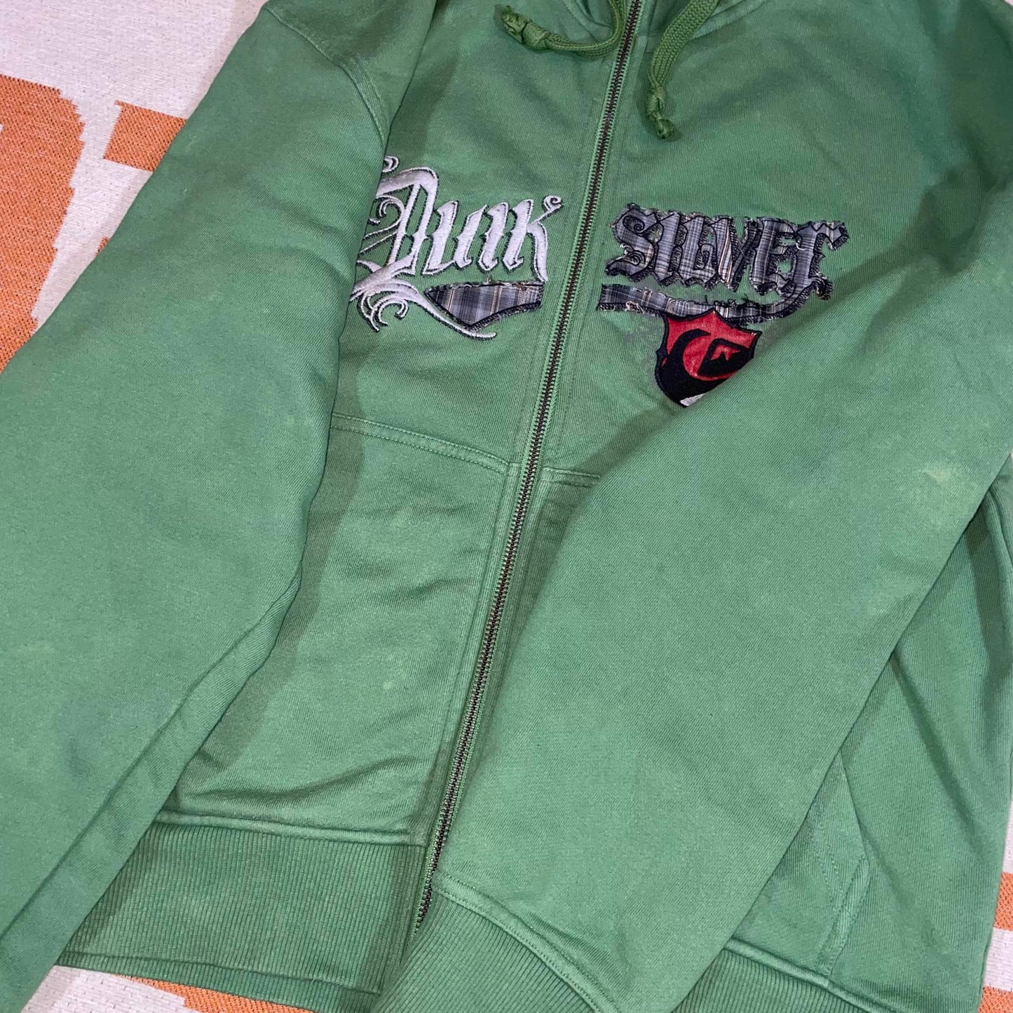 Quiksilver 00s Embroidered Green Zip Hoodie M