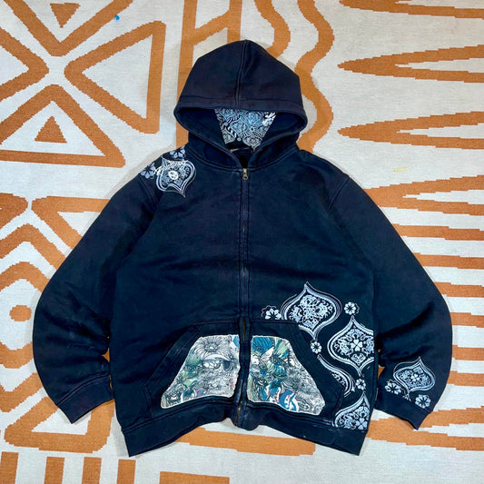 Billabong 90s Paisley Skulls Art Black Zip Hoodie L