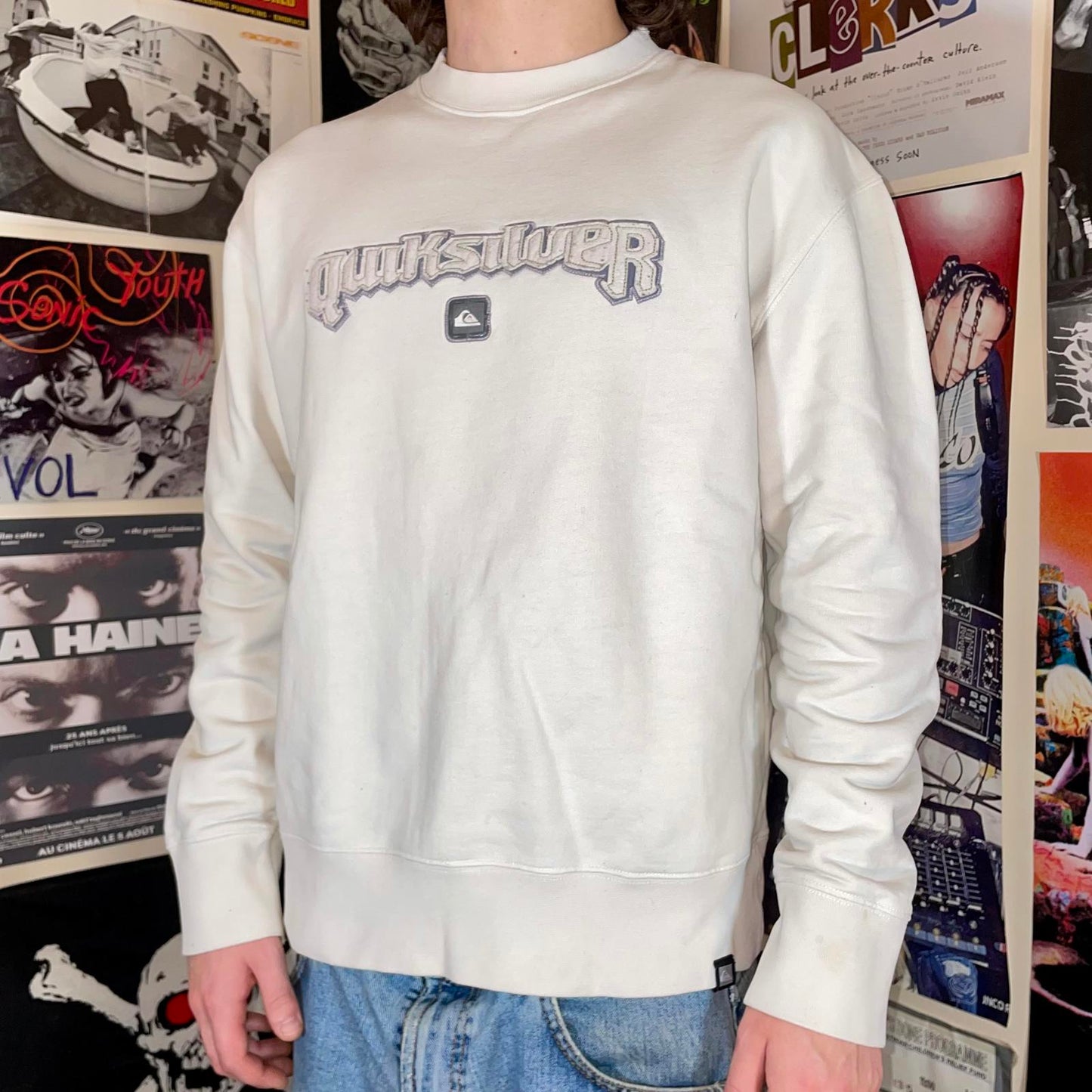 Quiksilver 90s Embroidered Spell-Out White Sweatshirt XL