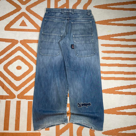 X-Cape 00s Embroidered Baggy Blue Jeans 34x32