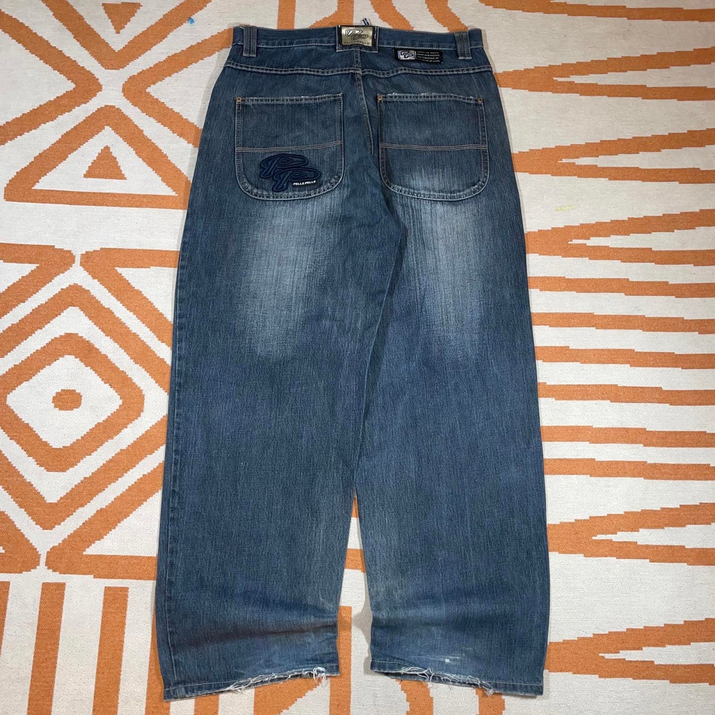 Pelle Pelle 00s Embroidered Dark Blue Baggy Denim Jeans 36x32