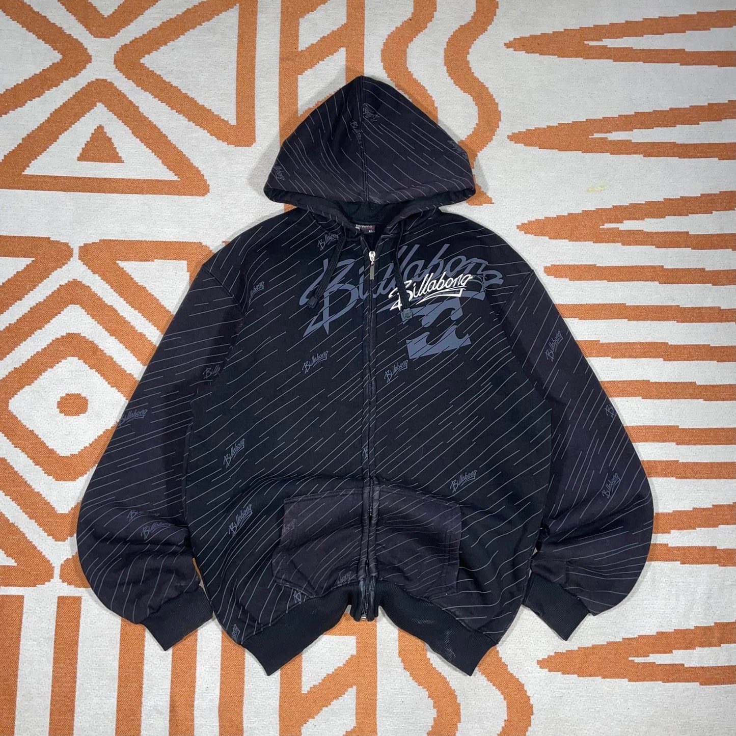 Billabong 00s Patterned Print Black Zip Hoodie XL