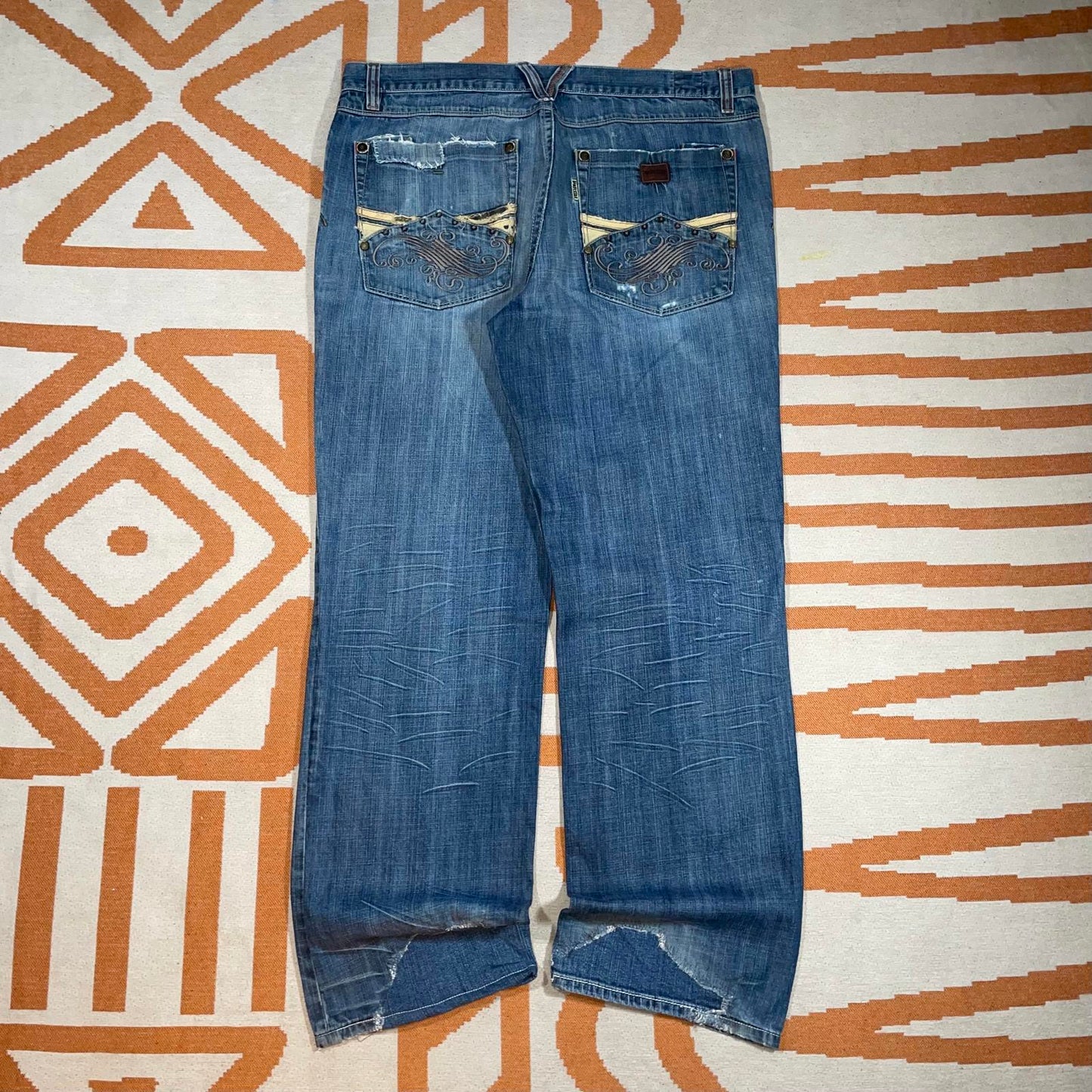 Parish 00s Embroidered Baggy Blue Jeans 40x33