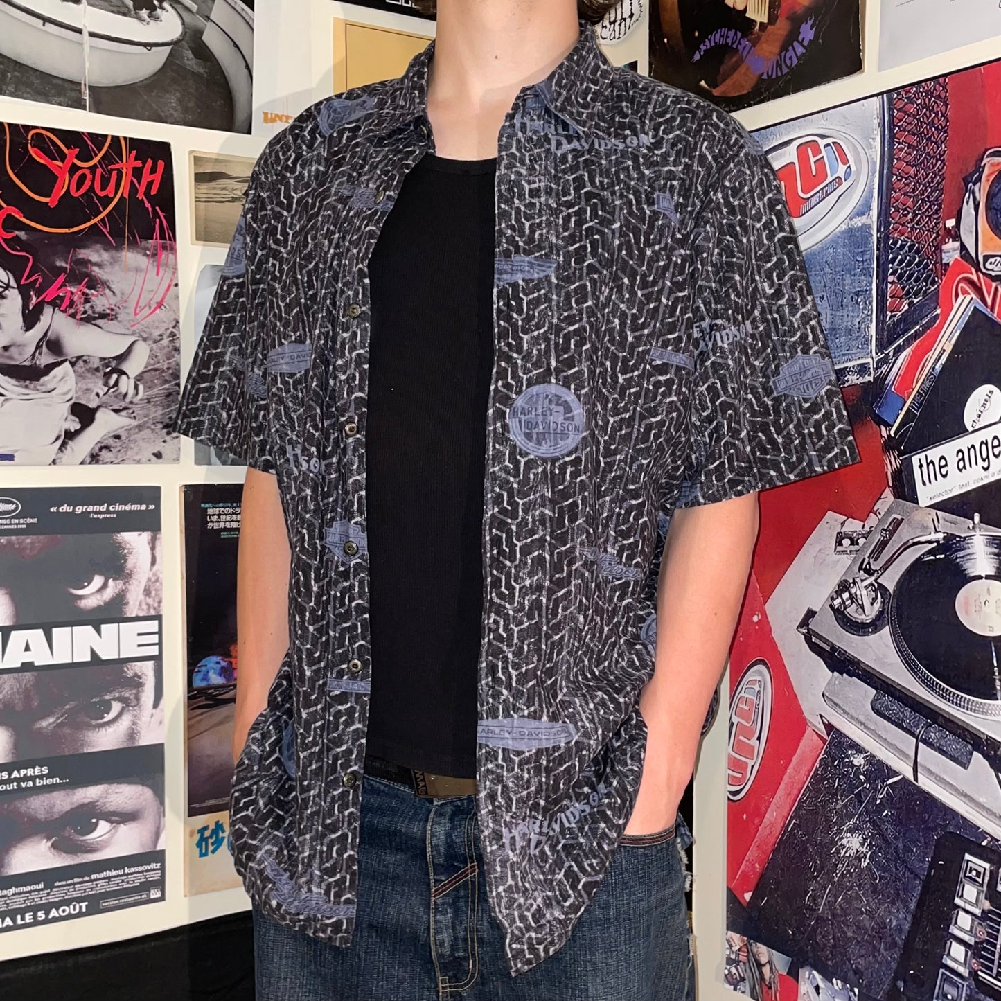 Harley Davidson 00s Pattern ‘Tire Tracks’ Shirt XL