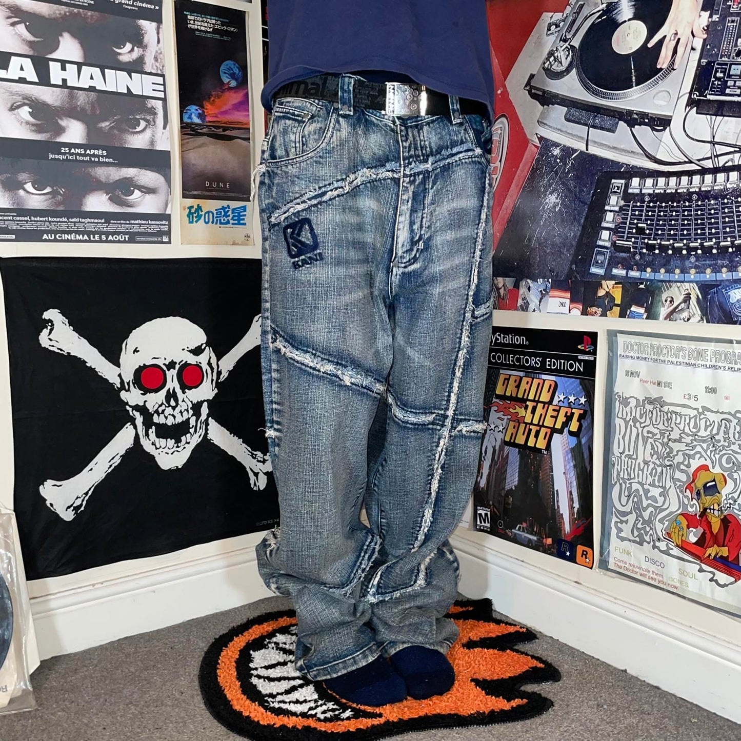 Karl Kani 00s Patchwork Embroidered Baggy Blue Jeans 34x34