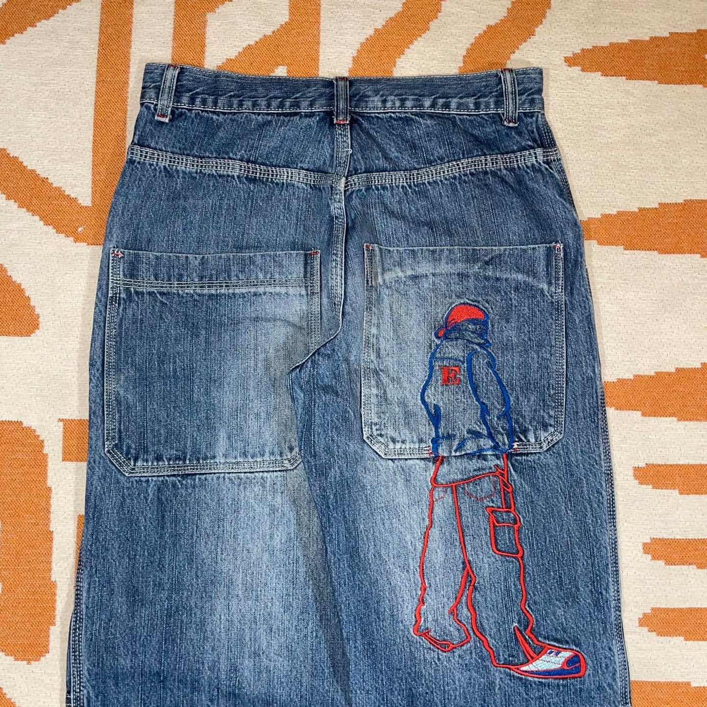Hip Hop 00s Embroidered Character Blue Denim Jeans 28x30