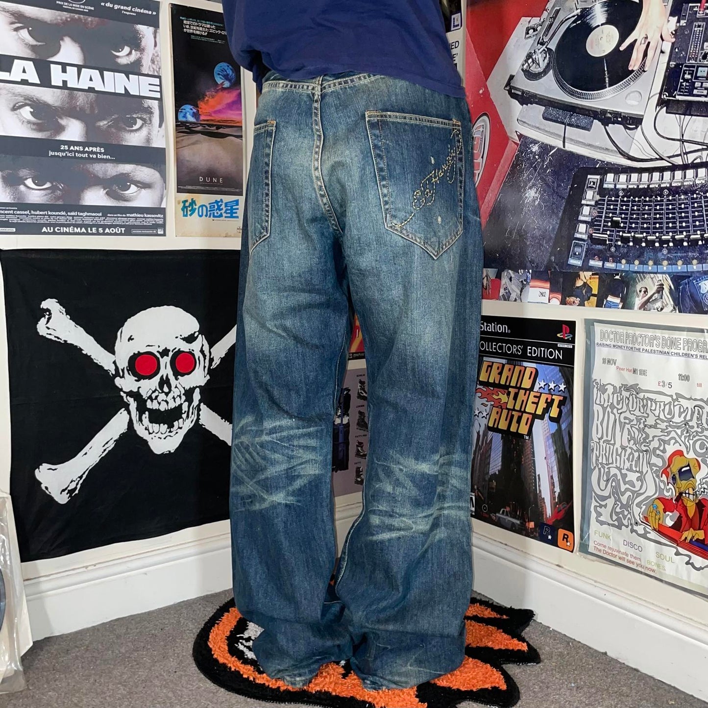 Ed Hardy 00s Embroidered Baggy Denim Blue Jeans 38x34