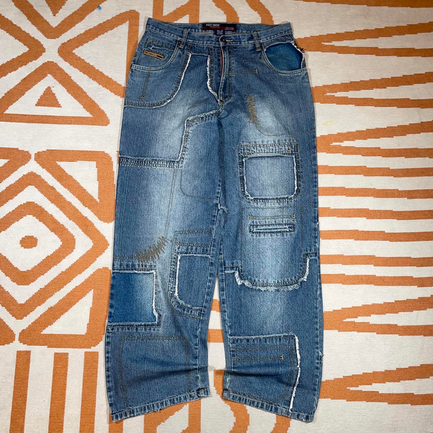 Phat Farm 00s Patchwork Baggy Blue Denim Jeans 34x33