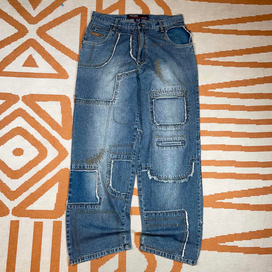 Phat Farm 00s Patchwork Baggy Blue Denim Jeans 34x33