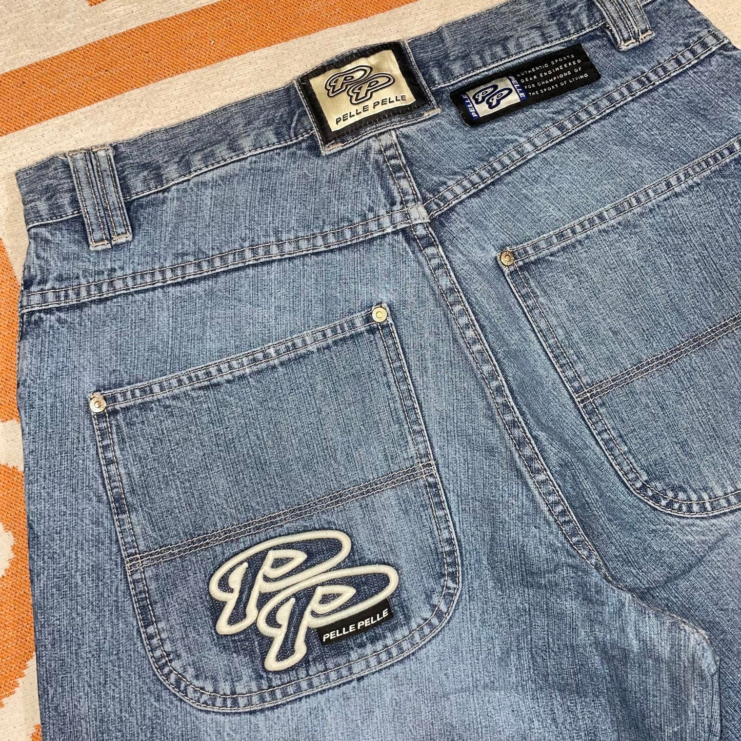Pelle Pelle 00s Embroidered Baggy Blue Denim Jeans 32x34