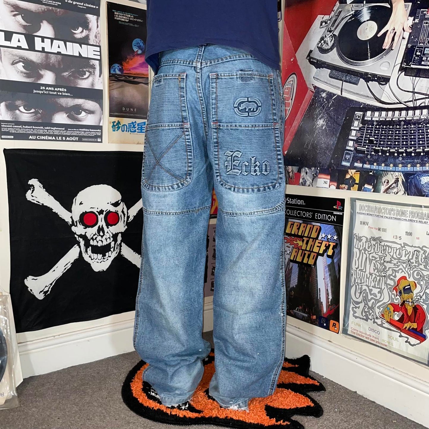 Ecko Unltd. 00s Rhino Imprint Baggy Denim Blue Jeans 32x33