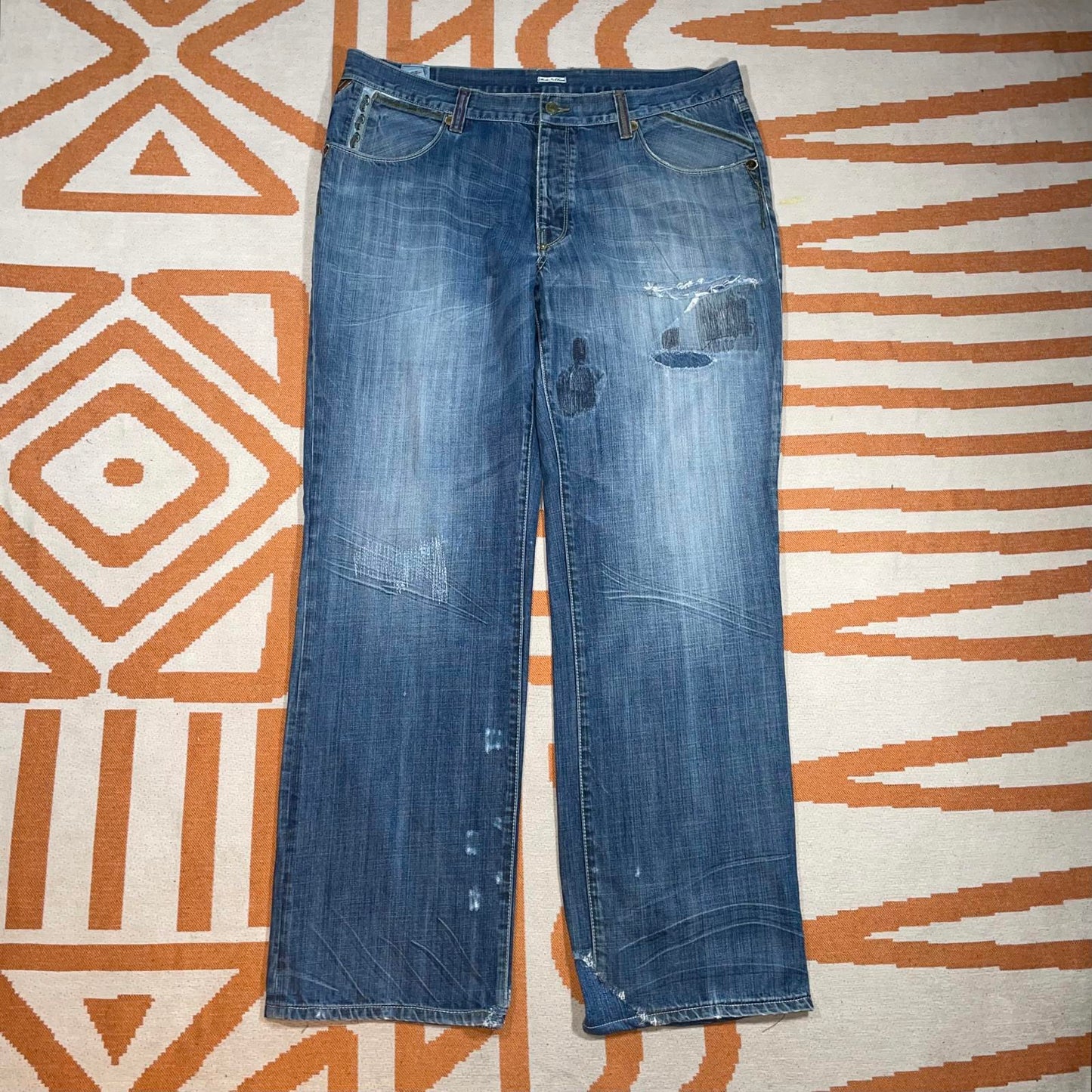 Parish 00s Embroidered Baggy Blue Jeans 40x33