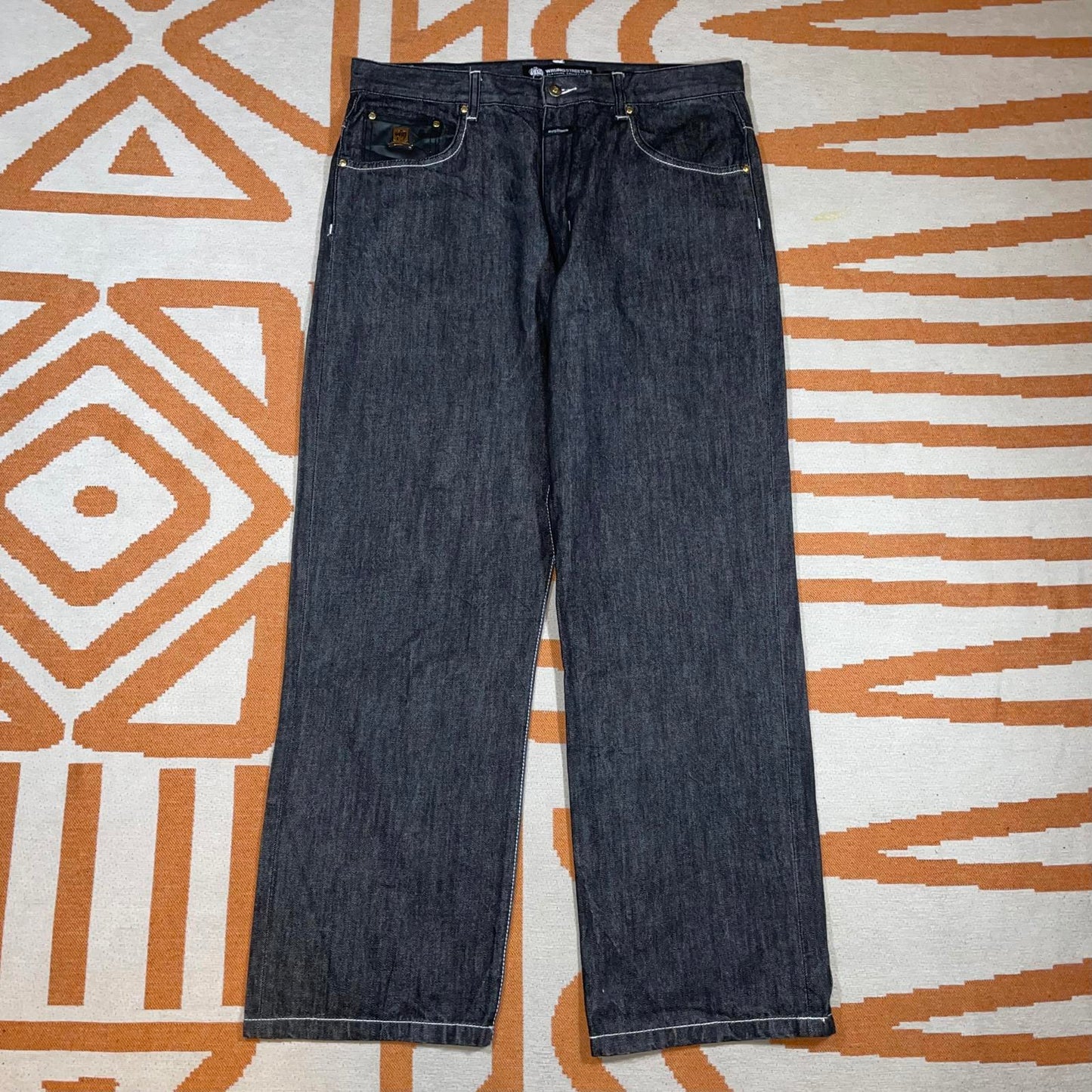 Wrung Division 00s Embroidered Baggy black Denim Jeans 36x32