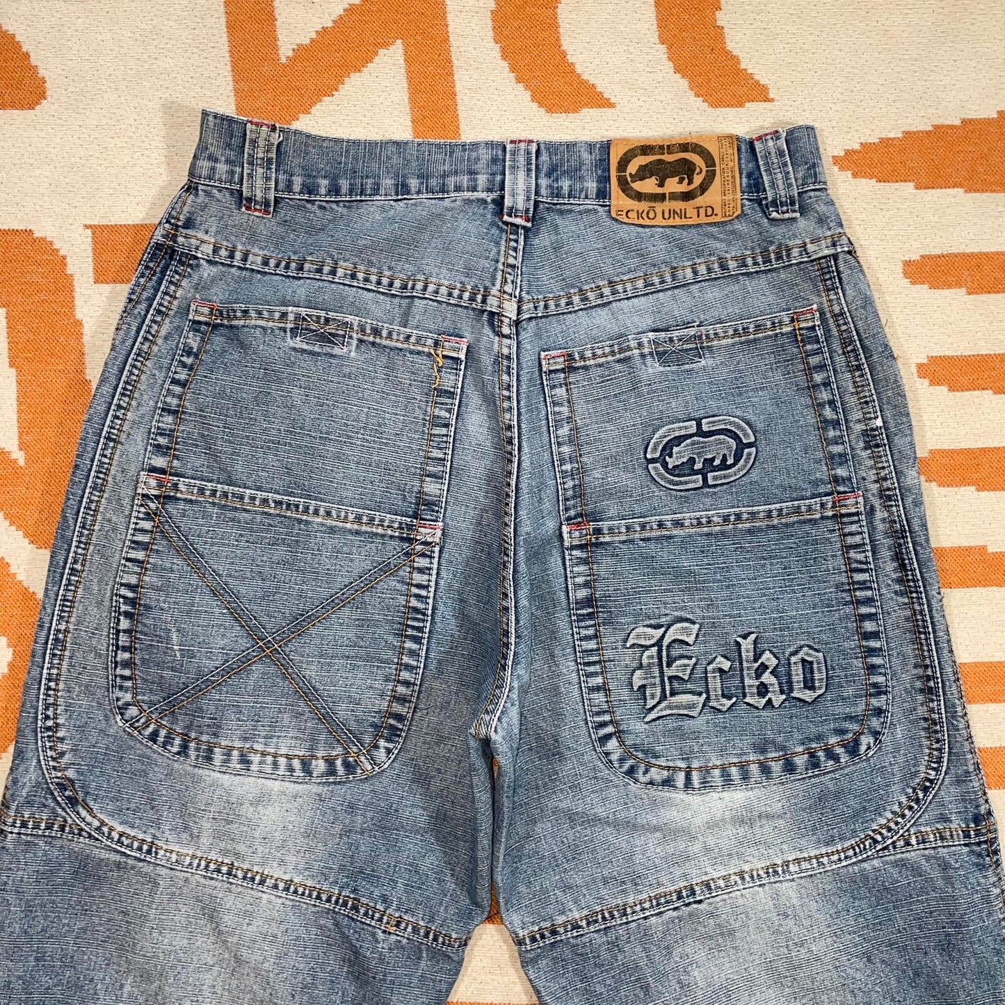 Ecko Unltd. 00s Rhino Imprint Baggy Denim Blue Jeans 32x33