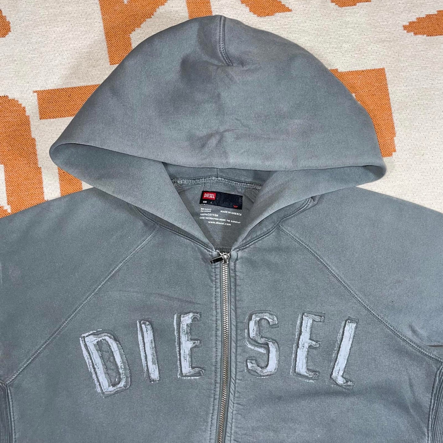 Diesel 00s Patched Spell-Out Grey Zip Hoodie L