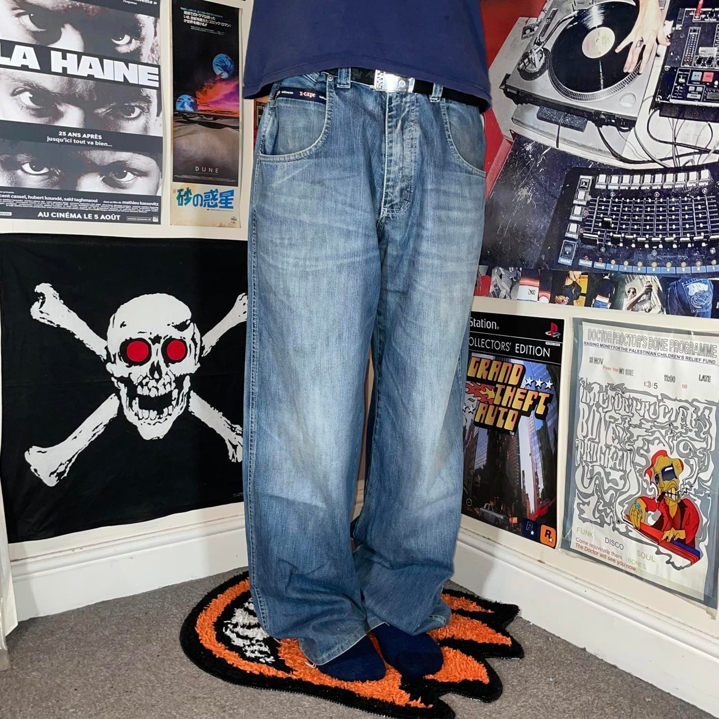 X-Cape 00s Embroidered Baggy Blue Jeans 34x32