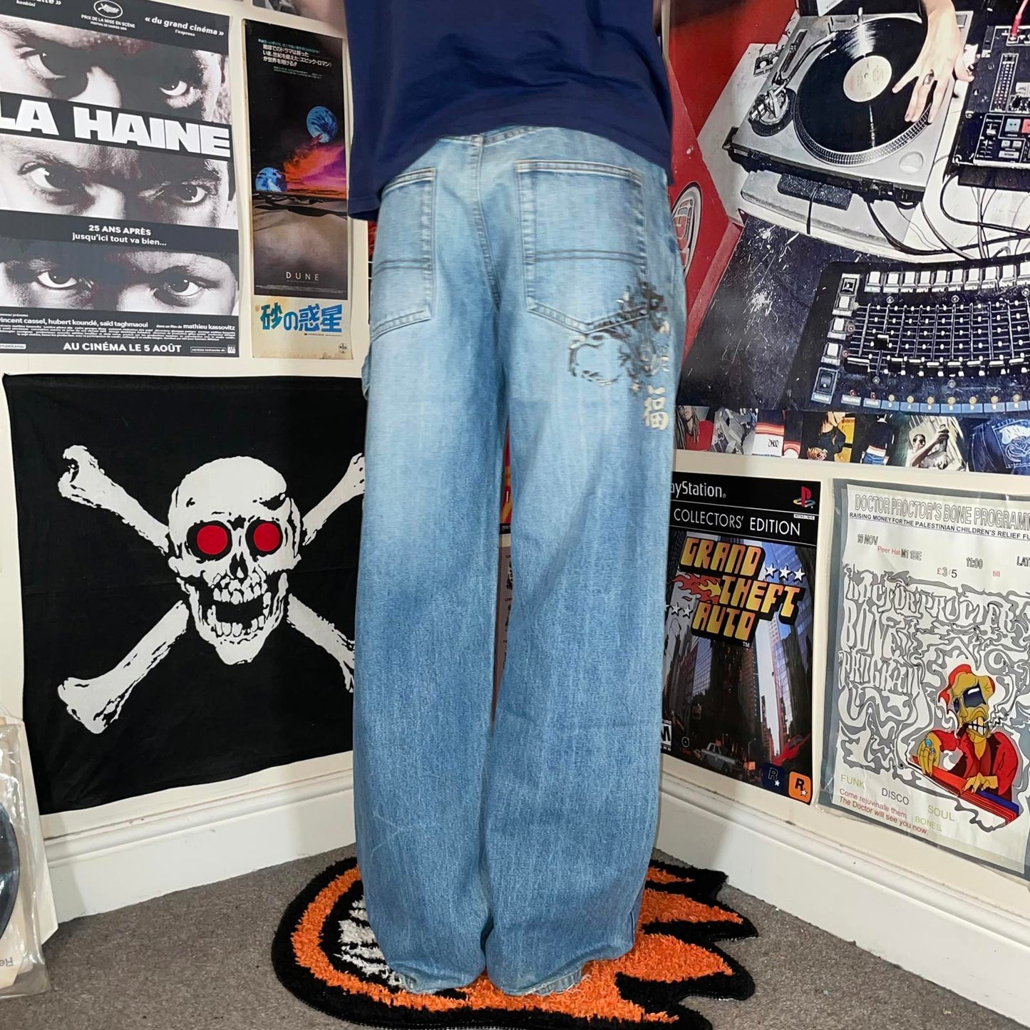 BHS 00s Printed Dragon Baggy Blue Jeans 30x32