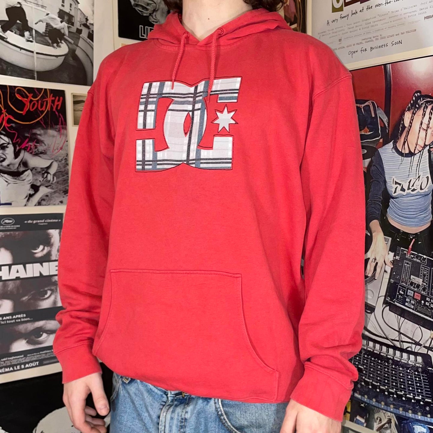 DC 00s Salmon Plaid Graphic Print Hoodie L