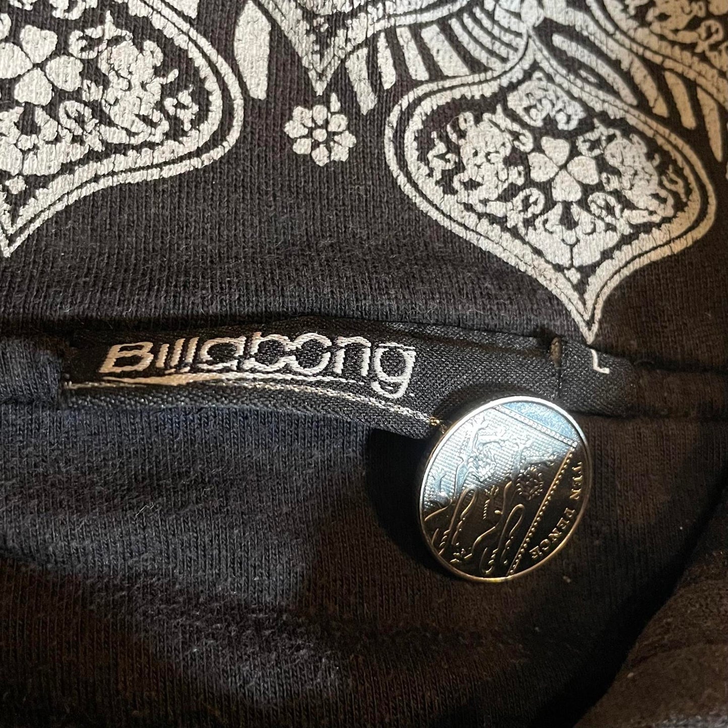 Billabong 90s Paisley Skulls Art Black Zip Hoodie L