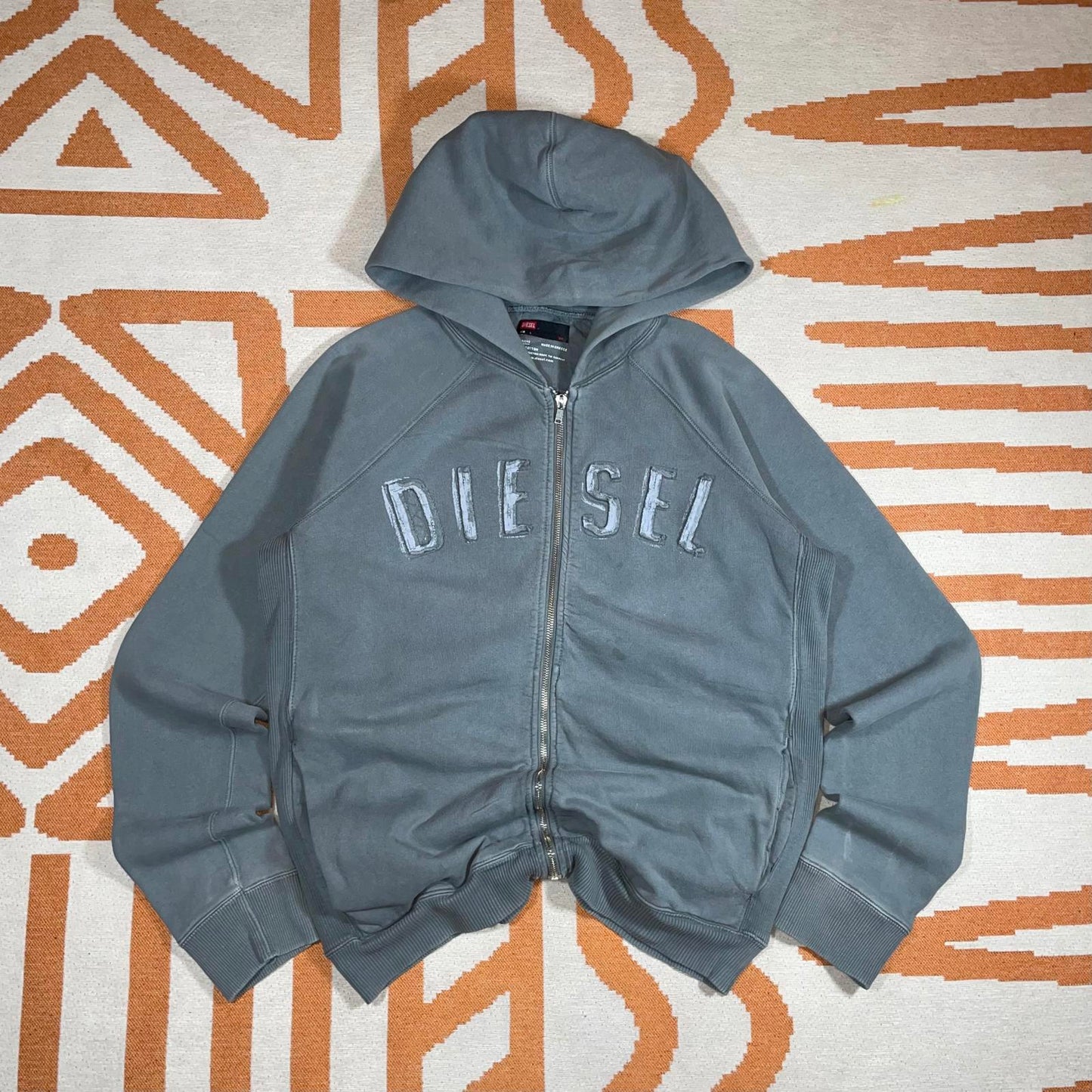 Diesel 00s Patched Spell-Out Grey Zip Hoodie L