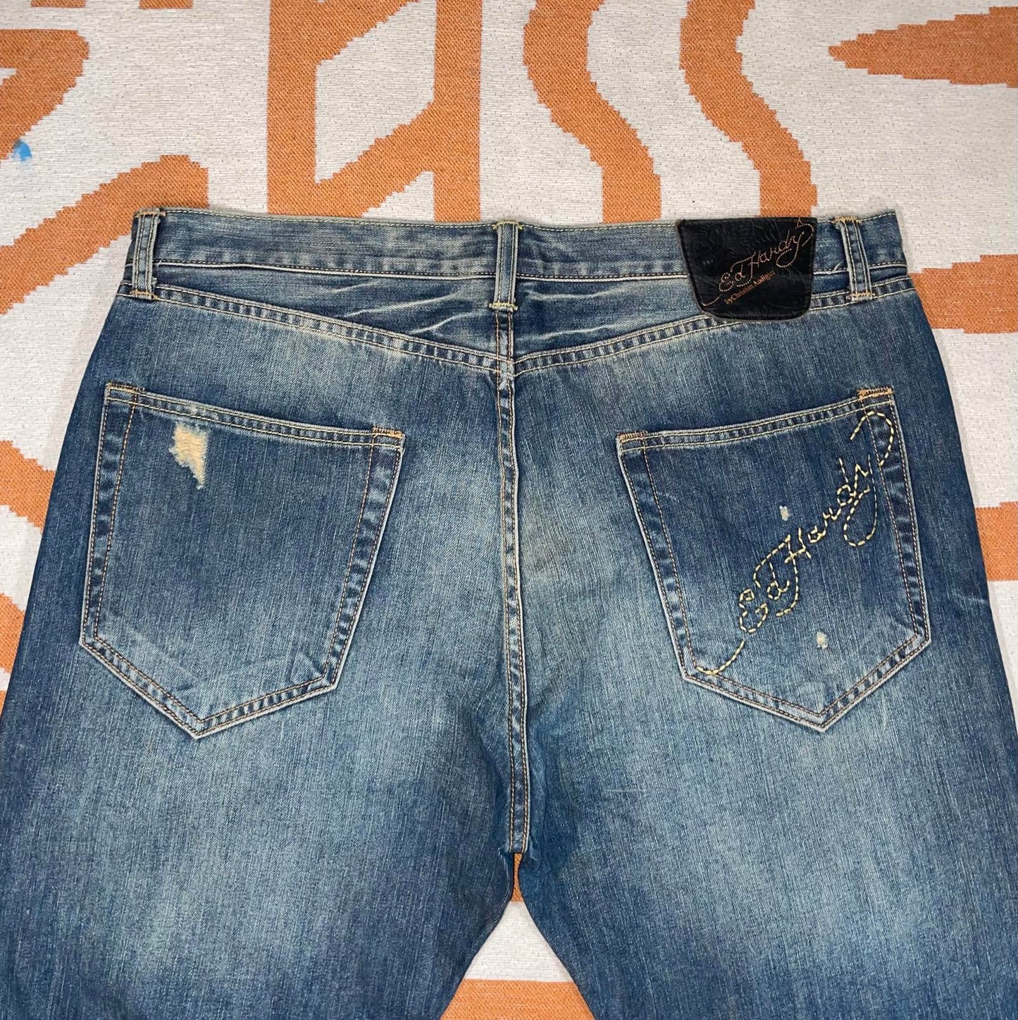 Ed Hardy 00s Embroidered Baggy Denim Blue Jeans 38x34